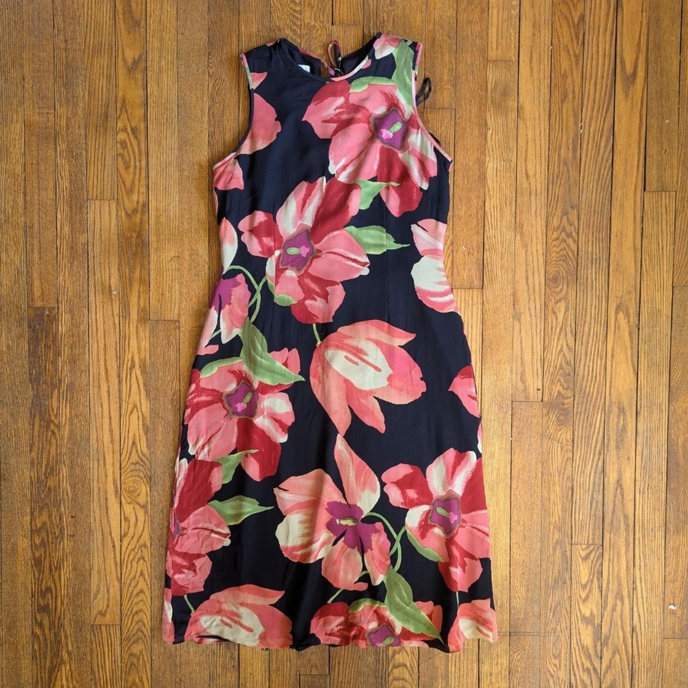 Vintage 90's Silk Floral Print Midi Dress